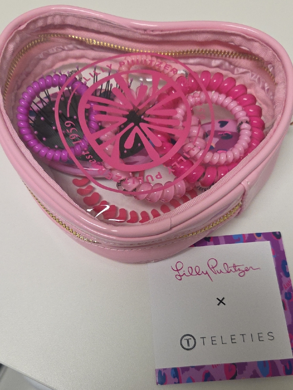 Lilly Pulitzer Pink Heart Travel Pouch with Pink Coil Hair Ties & Brush